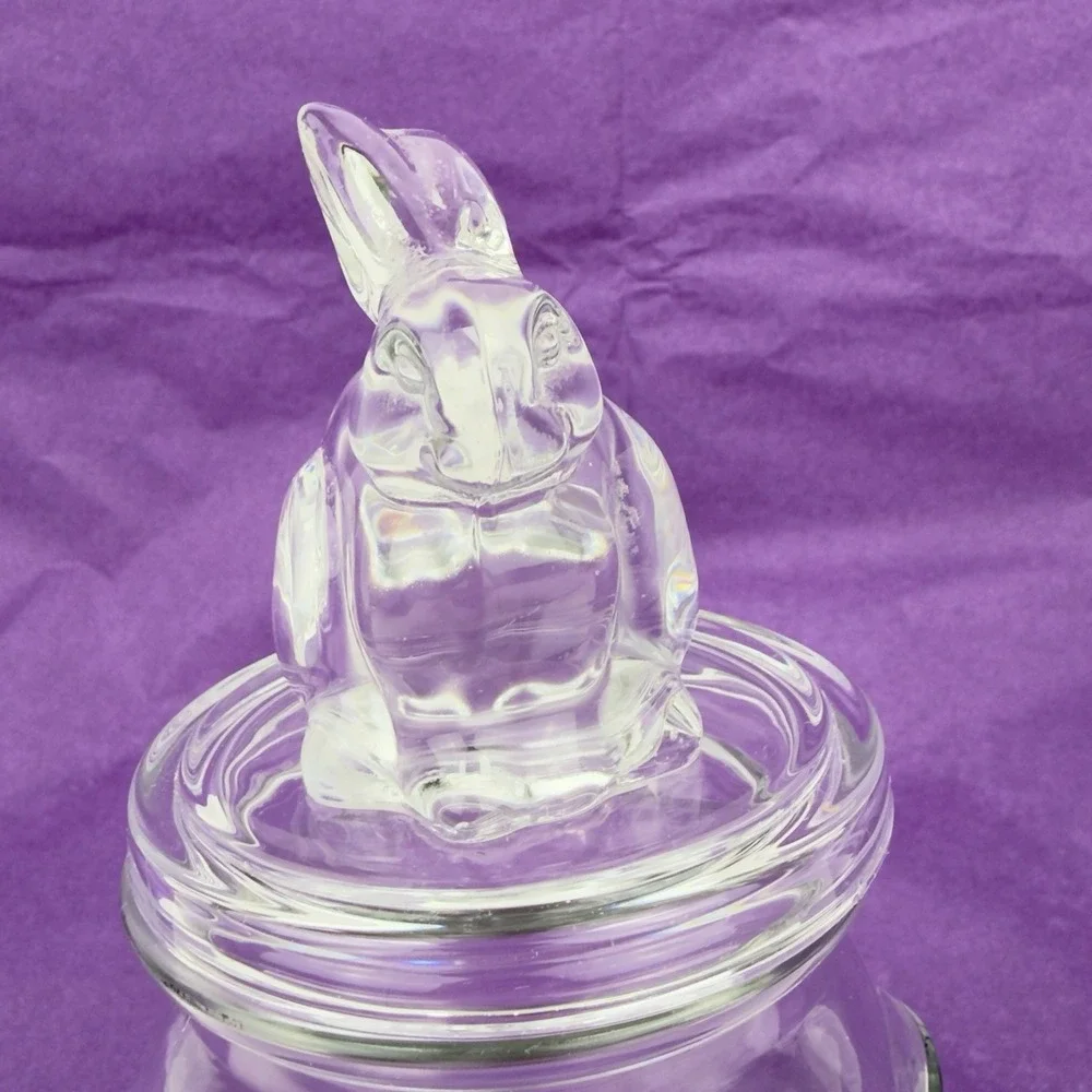 Clear Glass Bunny Rabbit Lidded Candy Jar Apothecary Tabletop Spring Decor